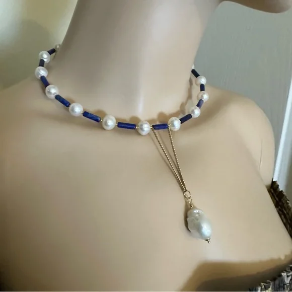 C106 New Handmade Natural Freshwater Pearl and Lapis Lazuli Choker - Picture 8 of 14